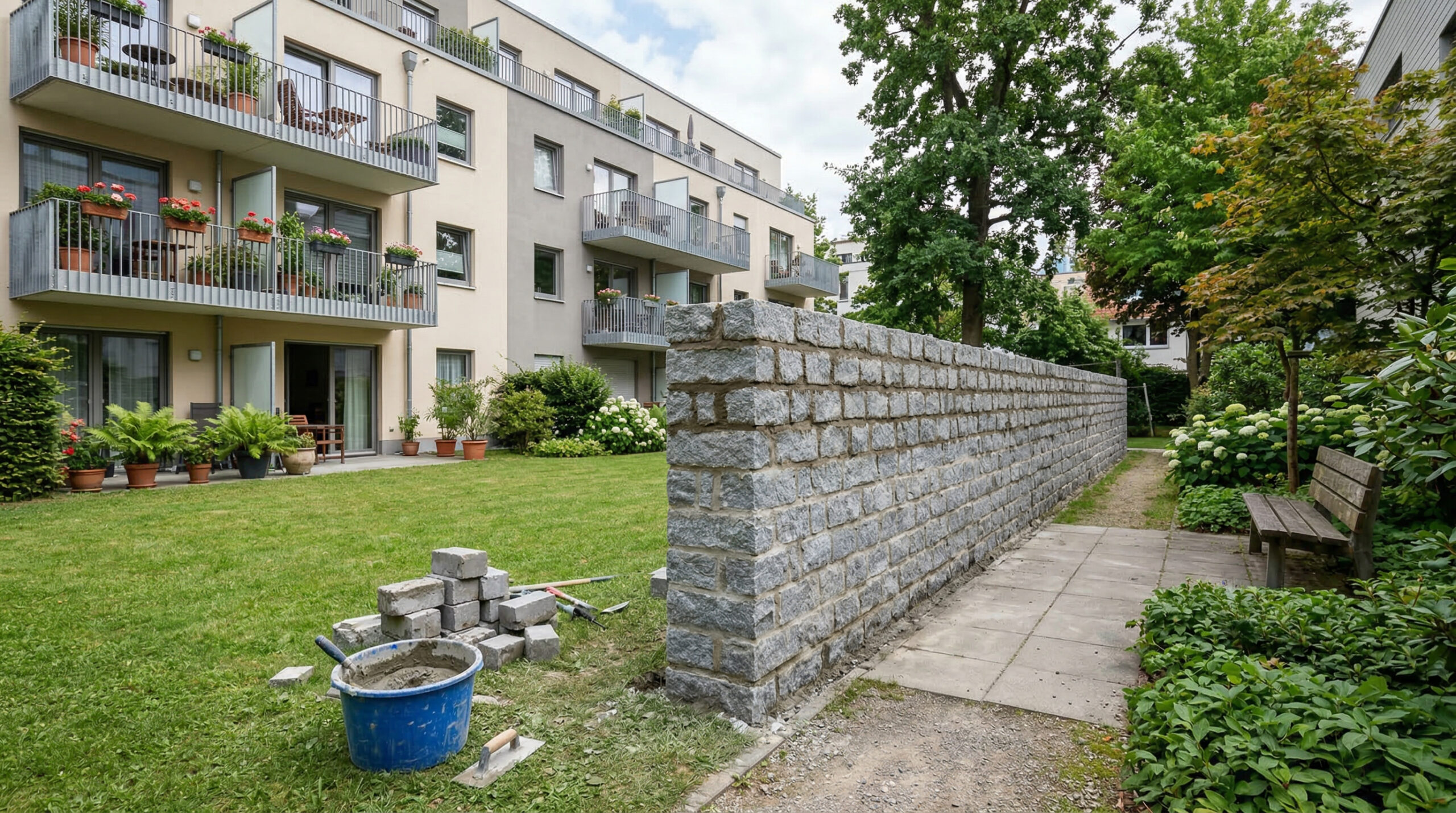 Massive Steinmauer teilt einen grünen Gemeinschaftsgarten vor einem modernen Mehrfamilienhaus in Deutschland.