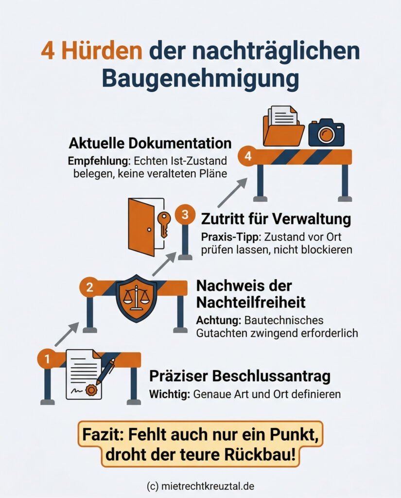 Infografik im Flat Design, die 4 rechtliche Hürden für eine nachträgliche Baugenehmigung im WEG-Recht zeigt: Präziser Beschlussantrag, Nachweis der Nachteilfreiheit, Zutritt für die Verwaltung und aktuelle Dokumentation des Ist-Zustands. Ein Fazit warnt vor dem drohenden Rückbau bei Missachtung.