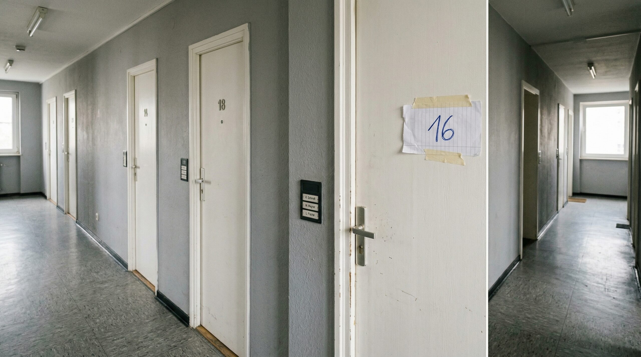 Provisorische, handgeschriebene Nummer 16 auf einem Papierstreifen an einer anonymen Wohnungstür in einem schlichten Flur.