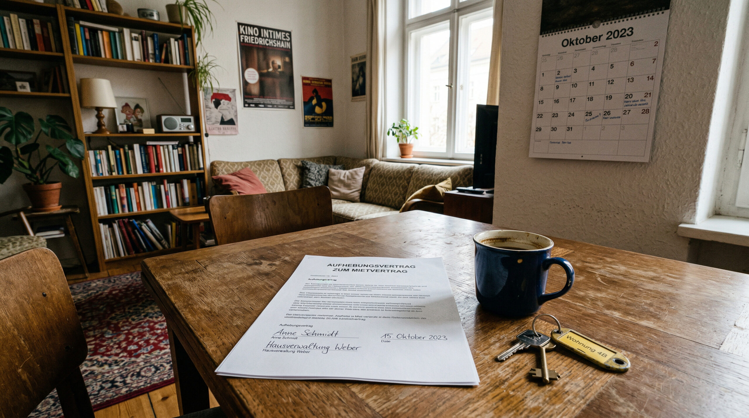 Ein Mietaufhebungsvertrag, Schlüssel und eine Kaffeetasse auf einem Tisch in einer noch bewohnten Wohnung nach Fristablauf.