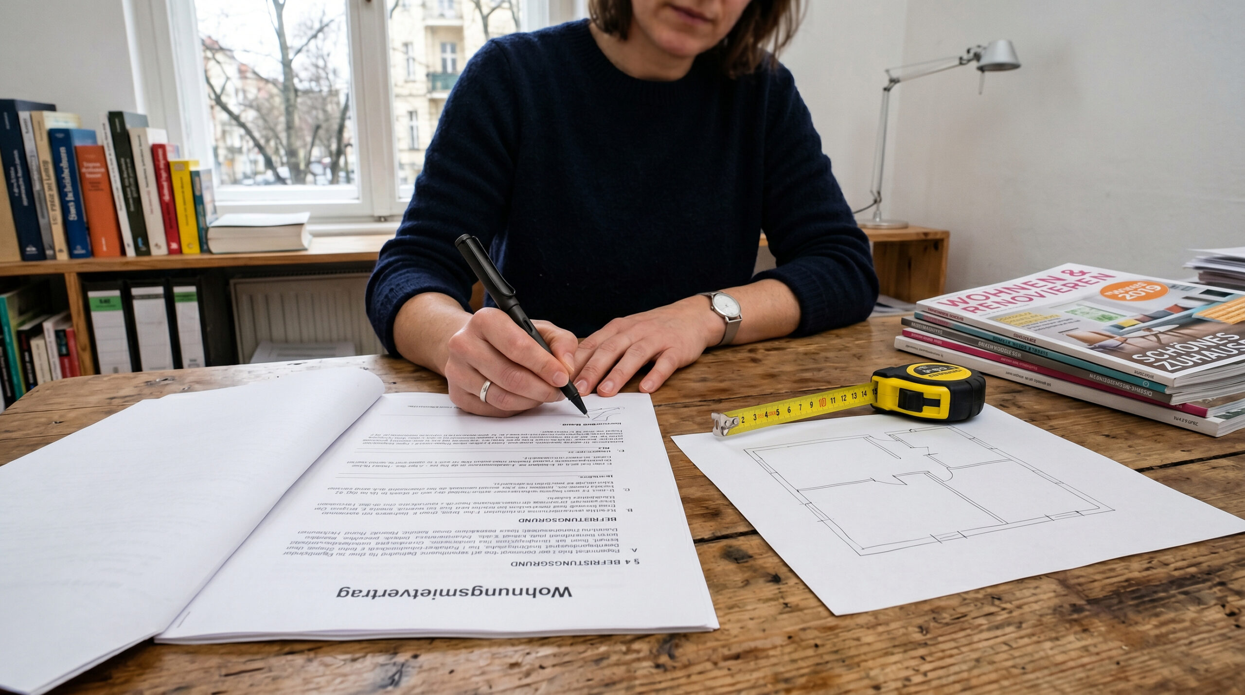 Mietvertrag auf Holztisch mit leerem Grundrissplan, Maßband und Stift vor der Unterschrift.