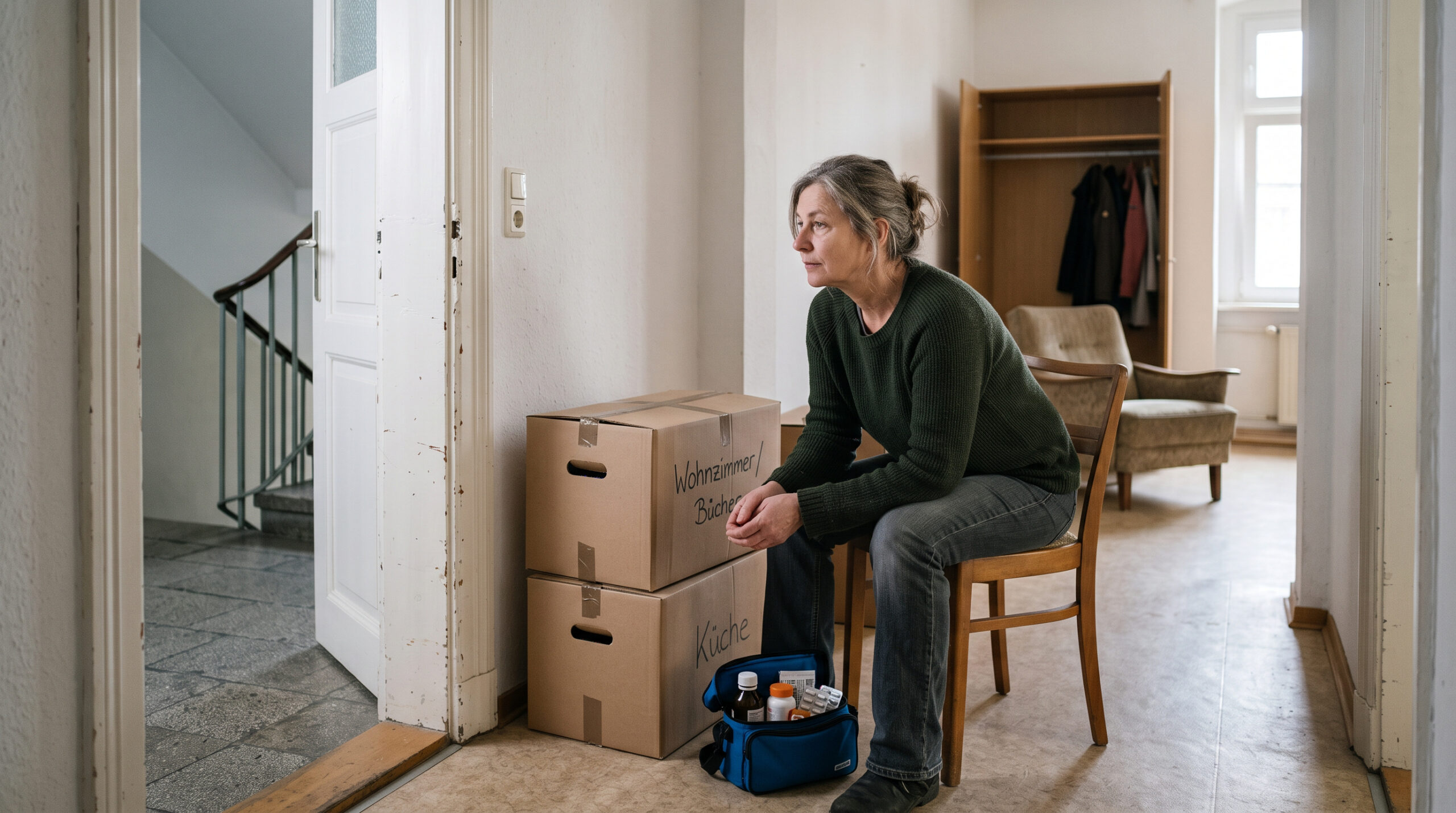 Erkrankte Frau sitzt neben Packkarton und Medizintasche im Mietflur, blickt zur offenen Tür. Spärliche Einrichtung im Raum ma