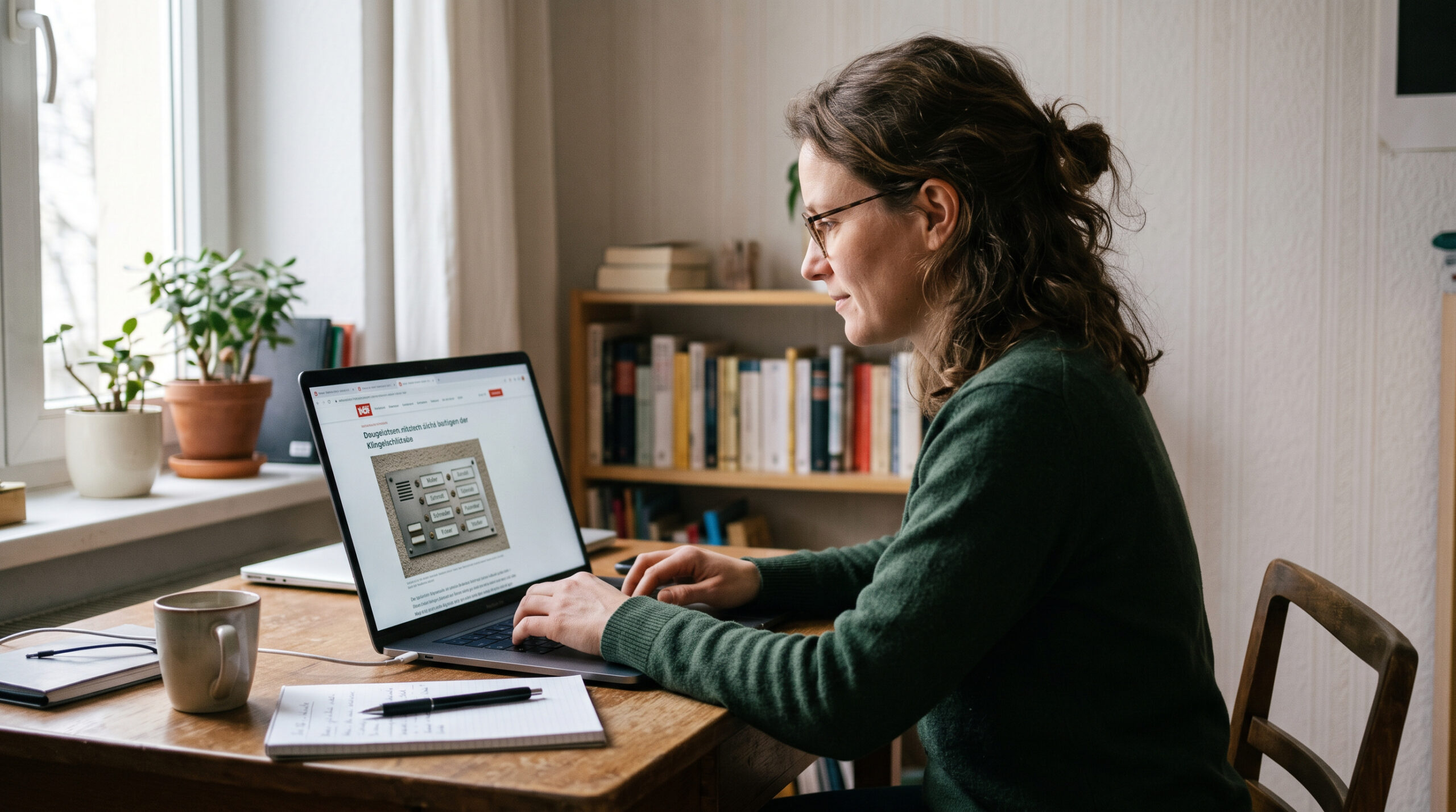 Frau tippt auf Laptop im schlichten Mietzimmer; Bildschirm zeigt Webseite mit klar erkennbarem Foto eines Klingelschilds.