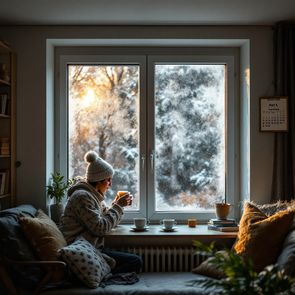 Mieter in deutscher Wohnung mit geschlossenen Fenstern und Kondensation, was auf Schimmelgefahr hinweist.
